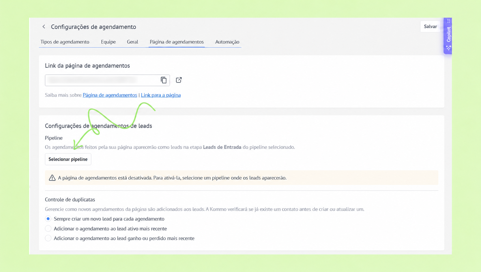 Settings page for lead scheduling with highlighted pipeline selection option.